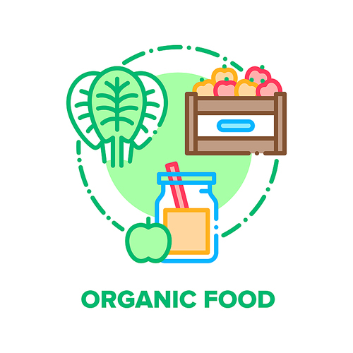 Organic Food Vector Icon Concept. Fresh Salad Or Spinach Leaves, Harvested Apples Container And Juice Bottle, Organic Food And Drink. Vitamin Nutrition And Beverage Color Illustration