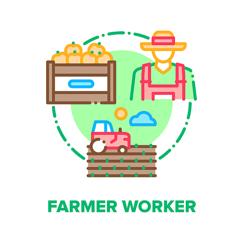 Farmer Worker Vector Icon Concept. Farmer Worker Person Plowing Field On Tractor And Harvesting Ripe Apple, Harvested Fruit In Box. Agricultural Farmland Seasonal Work Color Illustration