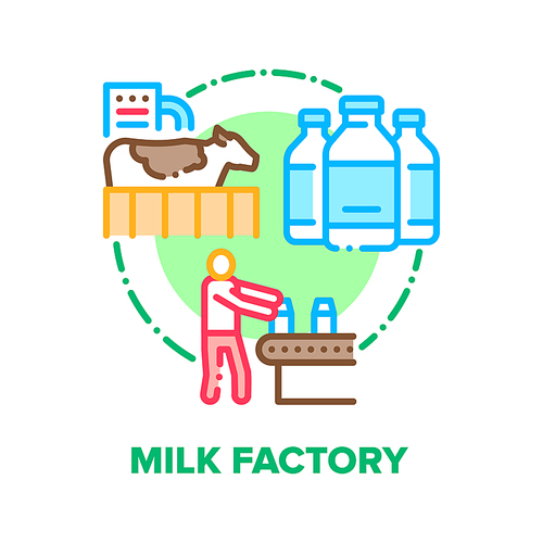 Milk Factory Vector Icon Concept. Plant Employee Working On Conveyor And Packaging Or Examining Product Bottles, Cow Animal Milk Production, Industrial Equipment Color Illustration