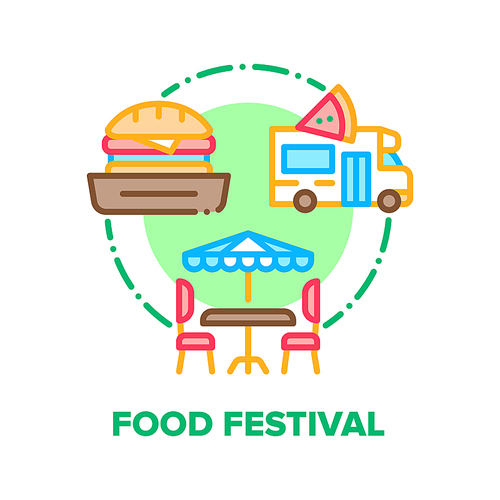Food Festival Vector Icon Concept. Burger And Pizza, Truck For Cooking Delicious Nutrition And Table With Chairs And Umbrella For Eating Street Fast Food Festival Color Illustration