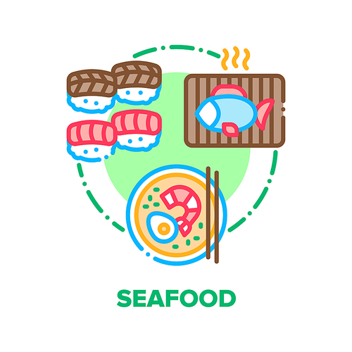 Seafood Snack Vector Icon Concept. Japanese Seafood Dish, Sushi And Asian Soup With Egg And Shrimp, Fried And Grilling Fish. Oriental Fresh Cooked Delicious Sea Food Meal Color Illustration