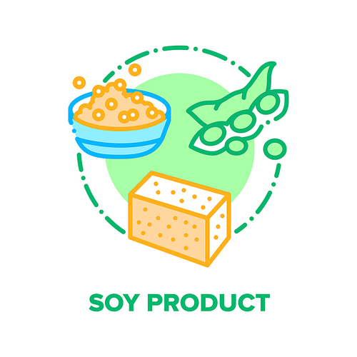 soy product vector icon concept. soy sprouts and meat, milk and flour, protein and sauce, oil and skin. soybean, tofu and miso  food and natural ingredient, organic nutrition color illustration