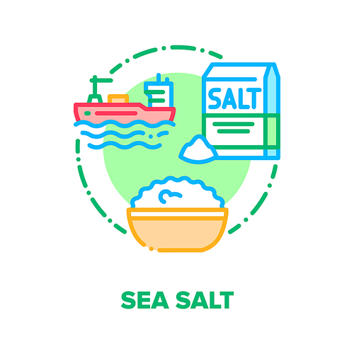 씨솔트 spice vector icon concept. ship floating in ocean, harvesting and transportation mineral, salt in bowl and package, dish flavoring ingredient, salted food color illustration
