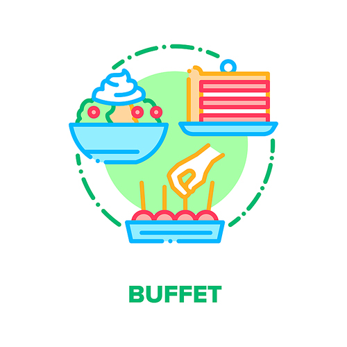 Buffet Menu Vector Icon Concept. Buffet Dinner Restaurant Catering Food, Tasty Dish, Delicious Dessert And Snack. Banquet Lunch And Dinner, Cooked And Backed Nutrition Color Illustration