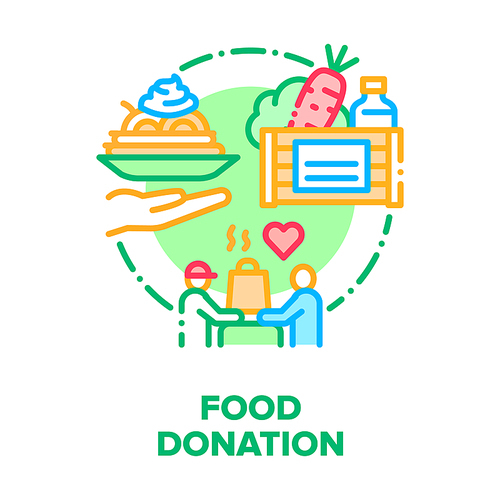 Food Donation Vector Icon Concept. Volunteer Delivering Donation Box With Foodstuffs, Fresh Natural Vegetables, Drink And Oil Bottle. Chief Cooking Delicious Dish Color Illustration
