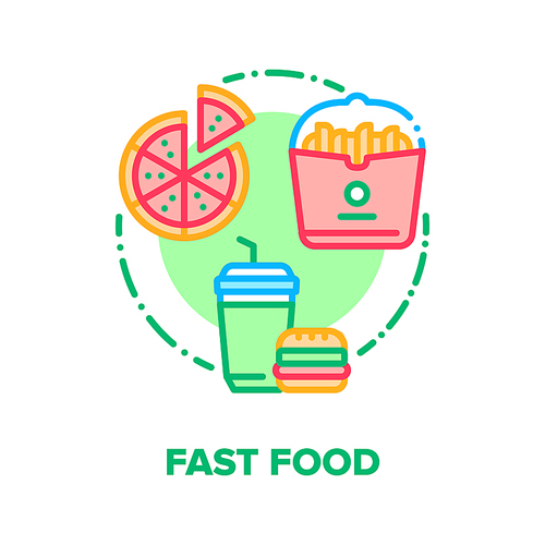 Fast Food Eat Vector Icon Concept. Burger And Soda Drink, Pizza And Fried Potato Unhealthy Street Food. Restaurant Or Cafe Dish Menu, Take Away Or Delivery Service Color Illustration