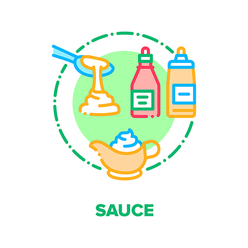 Sauce Flavoring Vector Icon Concept. Ketchup And Mayonnaise, Mustard And Soy Sauce. Seasoning For Dish Homemade Delicious Culinary Recipe, Creamy Spice Aromatic Liquid Color Illustration