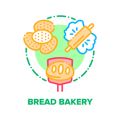 Bread Bakery Vector Icon Concept. Baked Bread And Buns, Kneading And Baking Dough With Rolling Pin, Aromatic Loaves Culinary Recipe. Organic Delicious Food Preparation Color Illustration