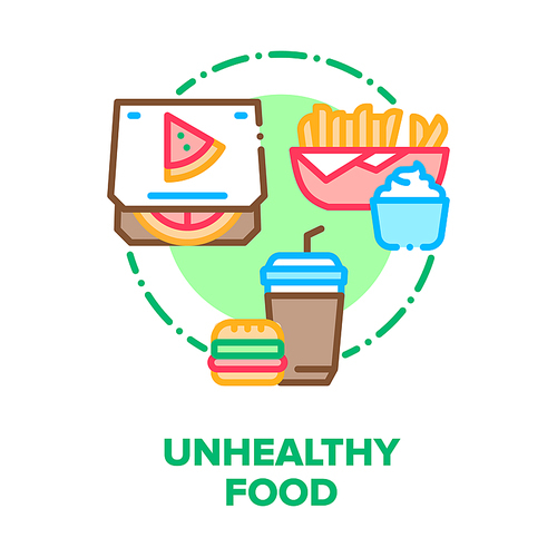 Unhealthy Food Vector Icon Concept. Burger And Drink, Fried Potato With Sauce And Pizza, Restaurant Food Fatness Menu. Fat Nutrition Lunch And Dinner, Tasty Junk Meal Color Illustration