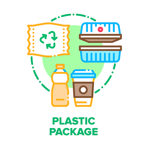 Plastic Package Vector Icon Concept. Package For Transportation And Storaging Food And Drinks, Bottle And Cup, Recycling Bag And Plate Container. Box For Product And Beverage Color Illustration