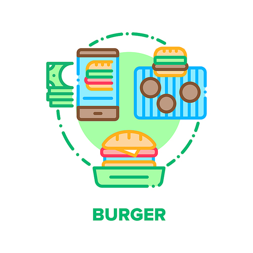 Burger Food Vector Icon Concept. Fast Food Sandwich Online Ordering And Paying, Delicious Hamburger With Fried Cutlet, Cheese, Salad And Ketchup. Cafe Nutrition Lunch Color Illustration