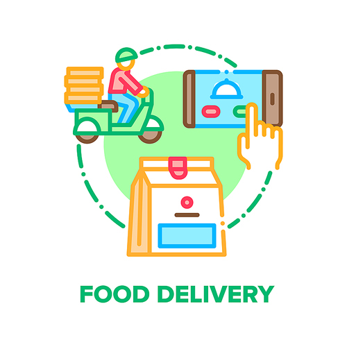 Food Delivery Vector Icon Concept. Nutrition Express Delivery Service Phone Online Application And Driver Delivering Order Nourishment Bag To Customer. Restaurant Take Away Color Illustration