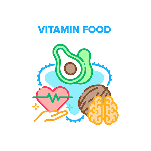 Vitamin Food Vector Icon Concept. Nut And Avocado Vitamin Food For Treatment Heart Beat, Delicious Diet And Healthcare Organic Nutrition. Natural Bio Nourishment Color Illustration