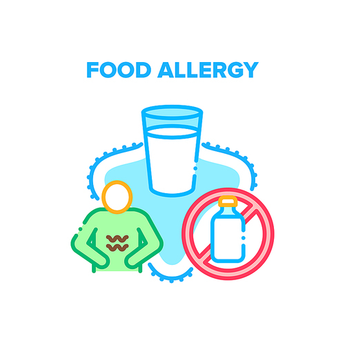 Food Allergy Vector Icon Concept. Milk And Dairy Food Allergy Health Problem, Allergen Nourishment And Drink. Stomachache And Indigestion Symptom Of Allergic Nutrition Color Illustration