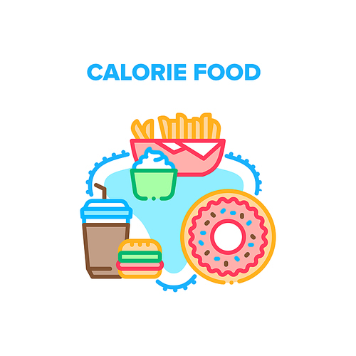 Calorie Food Vector Icon Concept. Fried Potato With Sauce Mayonnaise And Delicious Sweet Donut, Fatty Burger And Drink Or Hot Coffee Calorie Food. Junk Fat Nutrition Color Illustration