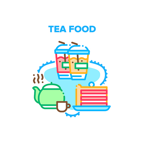 Tea Food Tasty Vector Icon Concept. Energy Hot Tea In Teapot, Cold Beverage Cups With Tubes And Delicious Sweet Cake Piece On Plate. Herbal Immunity Drink And Biscuit Pie Color Illustration