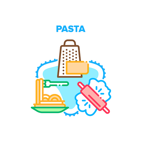 Pasta Cook Dish Vector Icon Concept. Pasta Cook Dish And Eating With Parmesan Cheese, Rolling Pin Kitchen Wooden Utensil For Preparing Dough. Spaghetti Delicious Meal Color Illustration