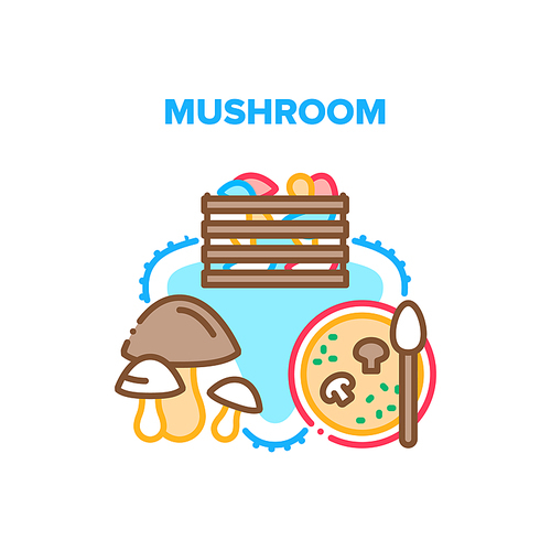 Mushroom Food Vector Icon Concept. Mushroom In Wooden Box Package, Ingredient For Delicious Vegetable Soup Healthy Dish. Natural Eatery Nutrition, Appetizing Fresh Champignon Color Illustration