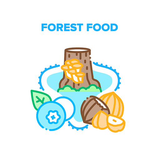 forest food vector icon concept. mushrooms growing on tree stump and nut, blackberry and blueberry berries  forest food. natural bio and tasty vegetarian product color illustration