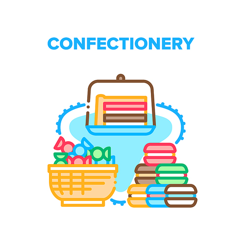 Confectionery Vector Icon Concept. Lollipop Candies Basket And Macaroons Cookies, Piece Of Pie Or Biscuit Cake Confectionery Delicious Food. Sweet Dessert Assortment Color Illustration
