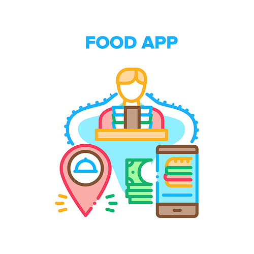 Food Application Vector Icon Concept. Food Application For Ordering Dish Online And Payment. Phone App For Monitoring On Map Delivery Courier, Restaurant Service Color Illustration