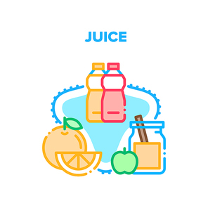 Juice Drink Vector Icon Concept. Freshness Juice Drink Prepared From Fruit Apple And Orange, Natural Dieting And Healthy Juicy Product. Organic Vitamin Fresh Beverage Bottle And Cup Color Illustration