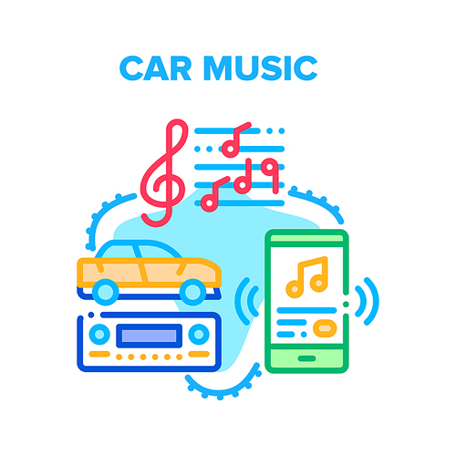Car Music Device Vector Icon Concept. Car Music Technology For Listening Songs And Radio, Phone Application For Wireless Communication With Automobile Main Audio System Color Illustration