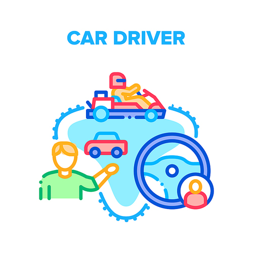 Car Driver Racer Vector Icon Concept. Car Driver Steering Wheel For Driving Automobile Or Cart, Motor Race Sport Competition. Vehicle Control Direction And Drive Color Illustration