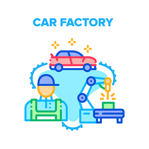Car Factory Vector Icon Concept. Car Factory Robotic Arm for Manufacturing And Building Equipment, Plant Worker Engineer And Electronic Construction Tool. Production Line Machine Color Illustration