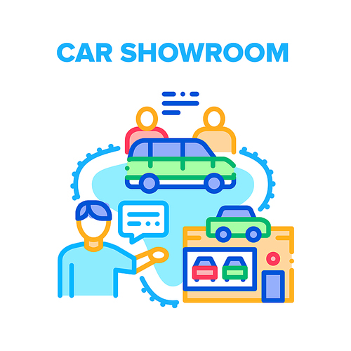 Car Showroom Vector Icon Concept. Car Showroom Dealer Selling And Customer Buying Automobile Production. Vehicle Assortment And Sale Discount, Dealership Contract Color Illustration