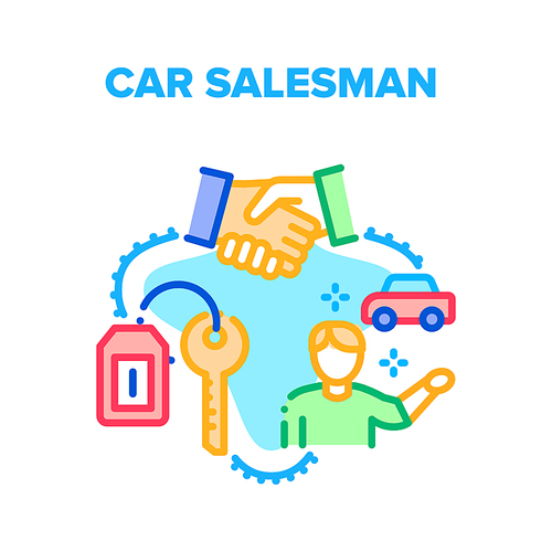 Car Salesman Vector Icon Concept. Car Salesman Selling New Transport And Customer Buying Product, Successful Deal And Signing Buy Contract. Buyer Getting Key For New Vehicle lColor Illustration