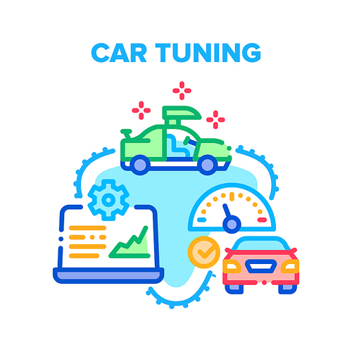 Car Tuning Garage Service Vector Icon Concept. Body And Engine Car Tuning, Diagnostic And Testing Speed And Motor Characteristics. Technician Workshop, Repair And Improvement Color Illustration
