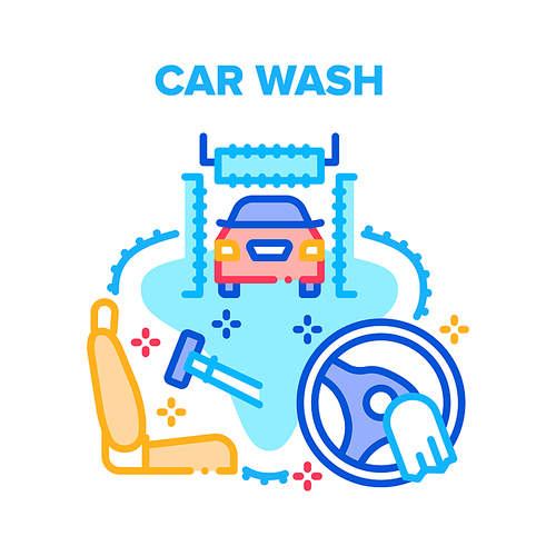 Car Wash Service Vector Icon Concept. Body Car Wash And Cleaning Salon And Steering Wheel. Washing Technology Automation Station For Clean Vehicle, Carwash Equipment And Accessories Color Illustration