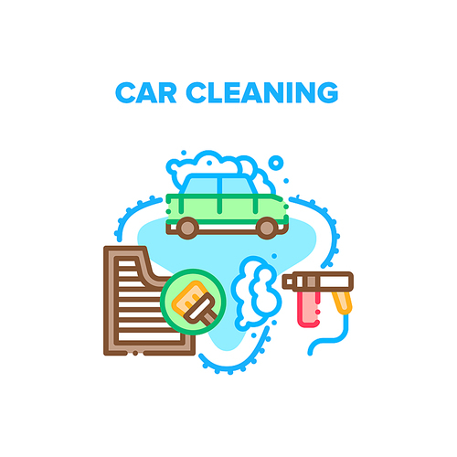 Car Cleaning Vector Icon Concept. Car Cleaning Service Washing Body With Spraying Equipment And Foam, Cleaning Carpet And Salon With Brush. Wash Automobile Business Color Illustration