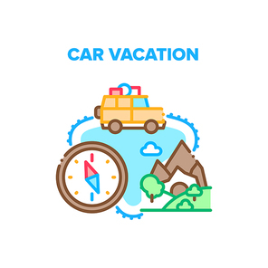 Car Vacation Vector Icon Concept. Car Vacation Adventure In Nature, Family Traveling On Vehicle To Mountain Or Forest. Summer Travel On Automobile, Journey Time On Auto Color Illustration