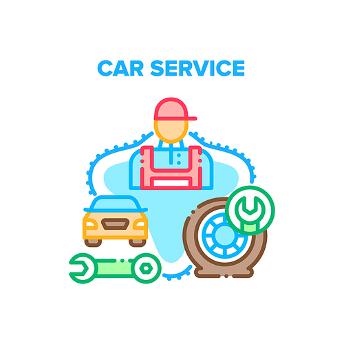 Car Service Vector Icon Concept. Car Service For Repair Wheel And Maintenance Technical Or Electronic Of Transport. Repairman Garage Worker Fixing Automobile With Industrial Wrench Color Illustration