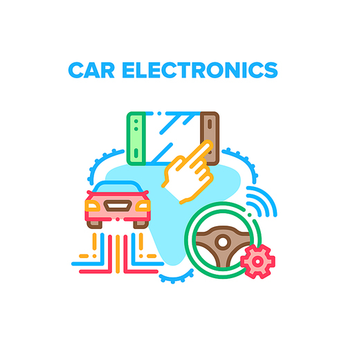 Car Electronics Vector Icon Concept. Vehicle On-board Computer With Touch Screen And Smart Steering Wheel With Autopilot Car Electronics. Transport Modern Technology Color Illustration