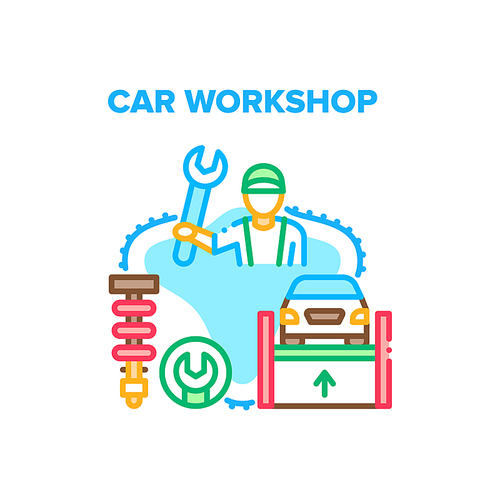 Car Workshop Vector Icon Concept. Repairman Holding Wrench Tool And Working In Car Workshop, Vehicle Repair Station For Fixing Transport On Lift Equipment. Mechanic Maintenance Color Illustration