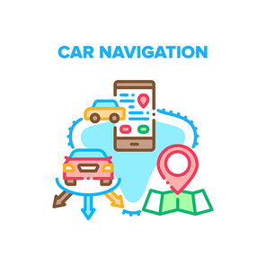 Car Navigation Vector Icon Concept. Car Navigation Electronic Gadget Or Smartphone Application For Searching Way Direction. Gps Mark On Map For Showing Vehicle Location Color Illustration