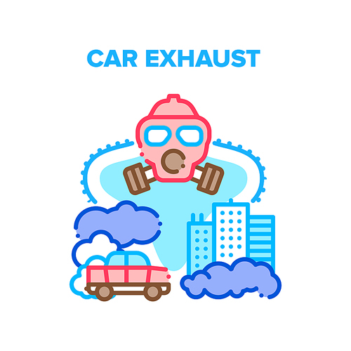 Car Exhaust Vector Icon Concept. Car Exhaust Smog And Urban Air Pollution. City Environment Ecology And Atmosphere Problem. Vehicle Transportation Smoke Steam Protective Gas Mask Color Illustration
