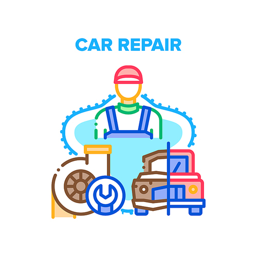 Car Repair Work Vector Icon Concept. Car Repair Service Worker Restoration Damaged Old Vehicle Or Fixing Broken Part Of Engine Turbine. Automobile Maintenance Occupation Color Illustration