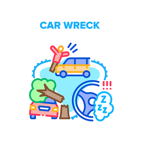 Car Wreck Crash Vector Icon Concept. Car Wreck And Knocking Down Pedestrian, Broken Tree Damaging Vehicle And Driver Fell Asleep At Wheel. Automobile Accident And Disaster Color Illustration