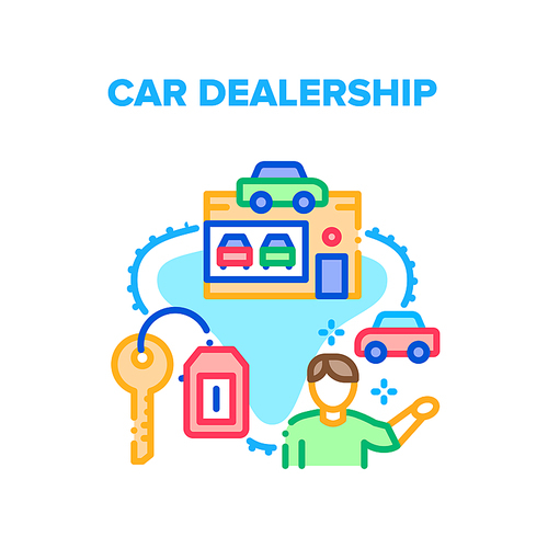 Car Dealership Vector Icon Concept. Car Dealership Manager Selling Automobile And Giving Key To Client. Transport Market Building And Showroom For Buying Vehicle Color Illustration