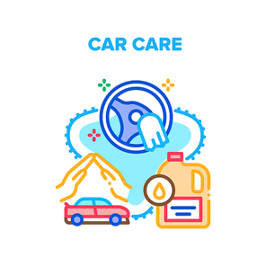 Car Care Service Vector Icon Concept. Filling Oil In Vehicle Engine And Cleaning Wheel In Car Care Service. Clean Transport And Caring Automobile Condition. Protect Accessories Color Illustration