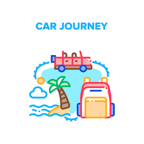 Car Journey Vector Icon Concept. Car Journey With Traveling Backpack Baggage To Ocean Beach, Adventure Automobile Travel On Vacation To Sea Shoreline, Holiday Road Trip Color Illustration