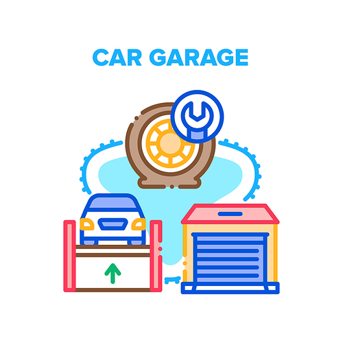 Car Garage Place Vector Icon Concept. Car Garage Place For Repair Wheel And Fixing Automobile On Hydraulic Lift Equipment. Building For Parking And Fix Transport Color Illustration