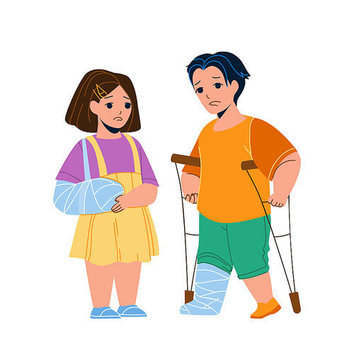 Child Injury Treat In Emergency Hospital Vector. Little Girl With Broken Arm In Bandage And Boy With Leg Injury Walking On Crutches. Characters Kid Trauma Treatment Flat Cartoon Illustration