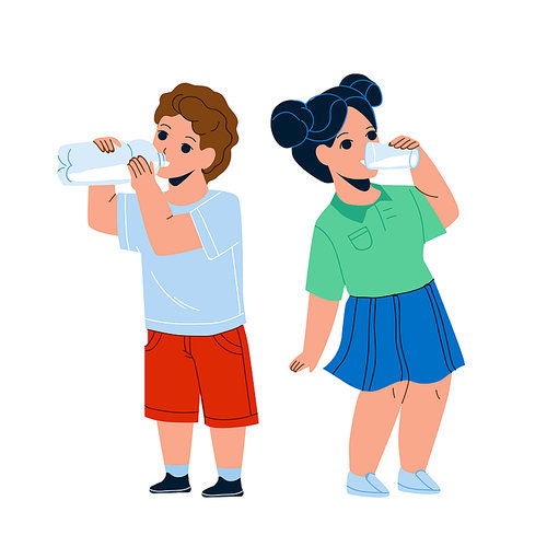 Children Drink Milk From Glass And Bottle Vector. Thirsty Children Drink Water Or Dairy Beverage Together, Boy Drinking From Flask And Girl From Cup. Characters Flat Cartoon Illustration