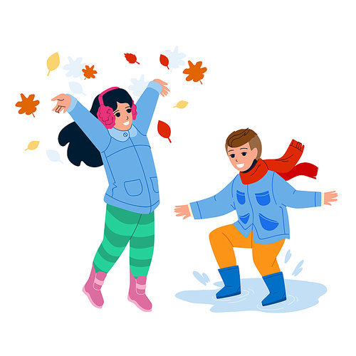 Kid Play Together Outdoor In Autumn Season Vector. Boy Jumping In Puddles And Preteen Girl Throwing Autumn Tree Leaves In Park. Characters Playing Together Outside Flat Cartoon Illustration
