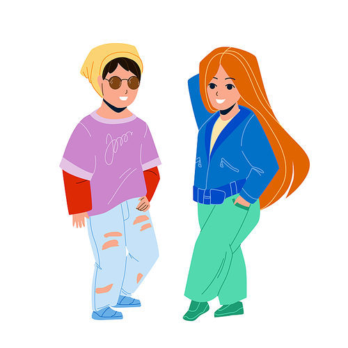 Kids Wearing Fashion Clothes Stay Together Vector. Children In Fashion Clothing With Accessories Posing On Model Show And Presenting Elegant Garment. Characters Flat Cartoon Illustration